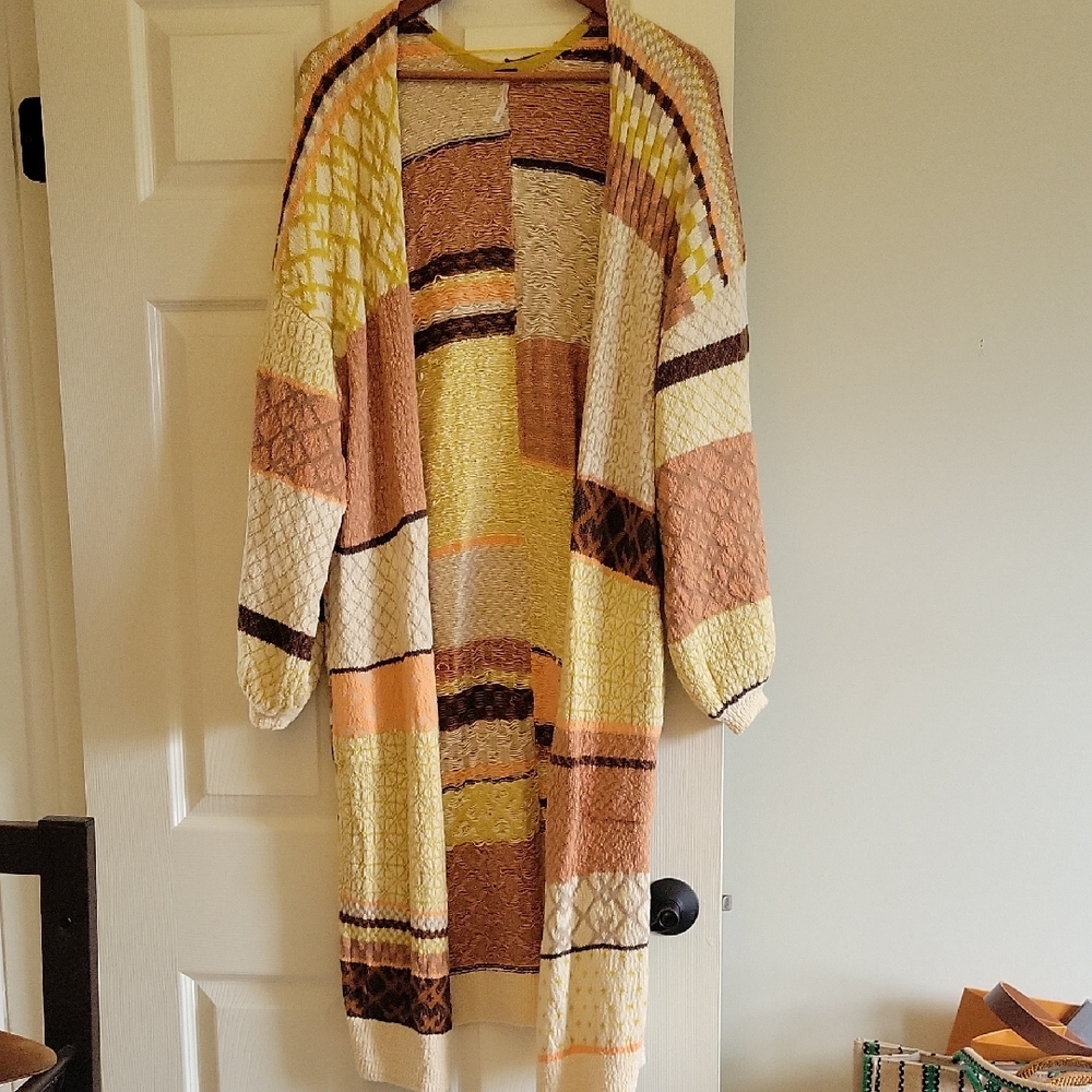 Free People Printed Open Front Long Cardigan